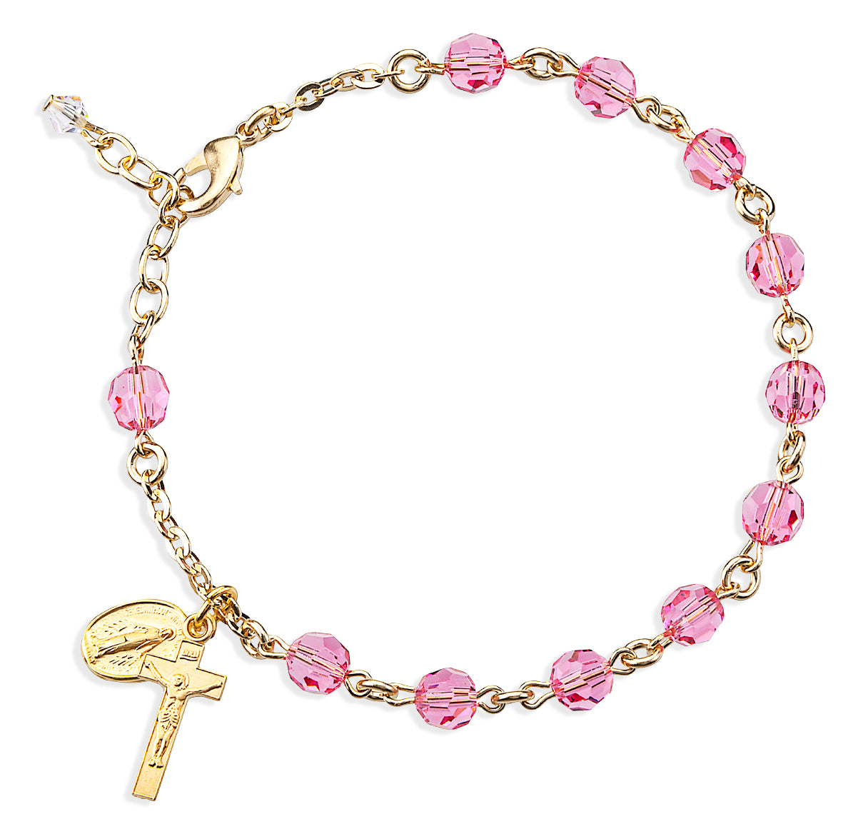 6mm Gold Plated Crystals by Swarovski® Pink Rosary Bracelet W/ Gold Plated Mirac & Cfx-Bxd