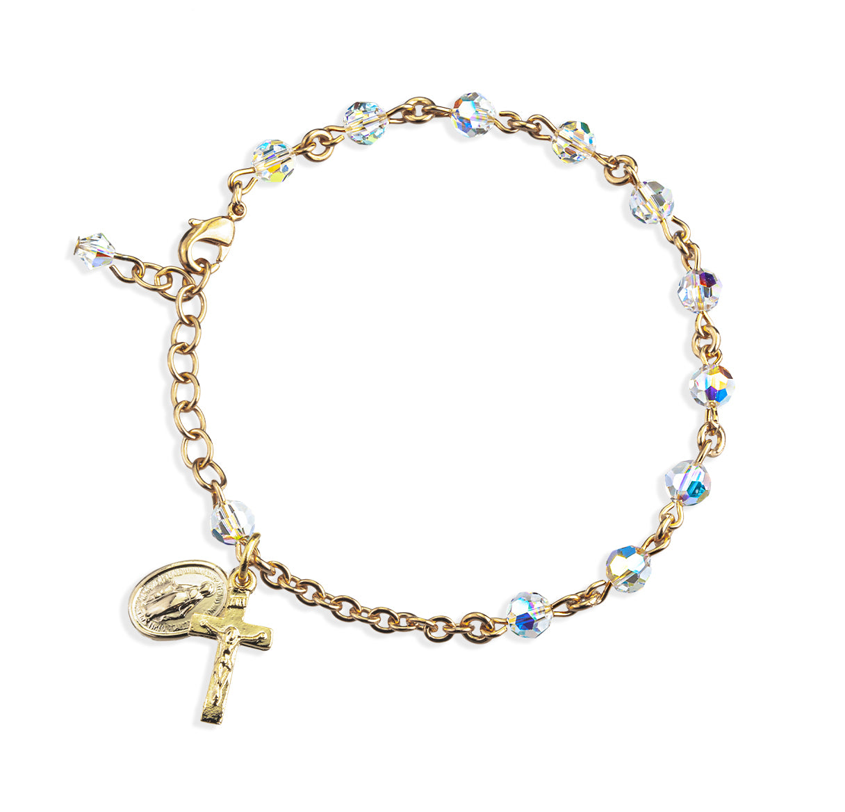 5mm Multi-Faceted Crystals by Swarovski® Aurora Crystal Bead Gold Plated Rosary Bracelet W/ Gold Plated Miraculous and Crucifix-Bxd
