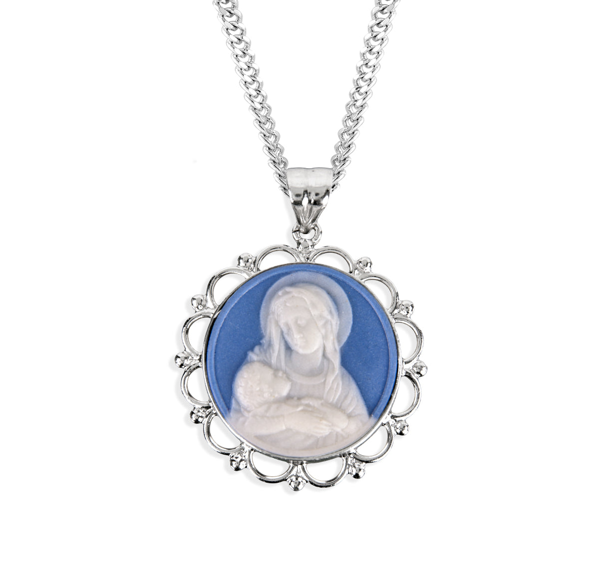 Sterling Silver Genuine Cameo Mother & Child Rd 18" Ch-Bxd