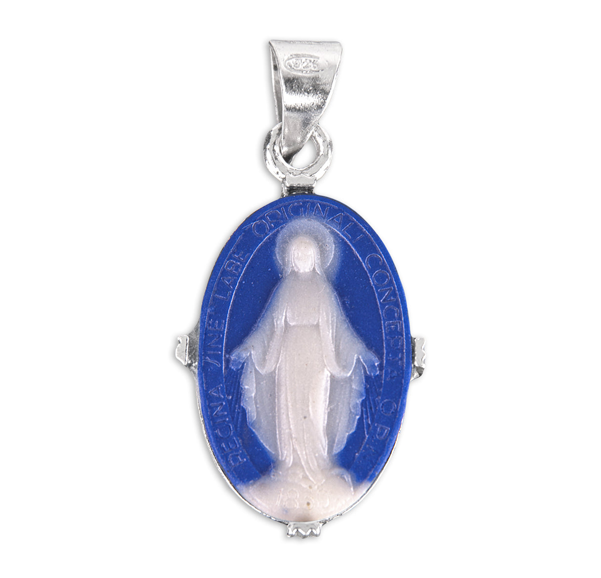 Sterling Silver 1" Genuine Blue Porcelain Miraculous Medal Cameo 18"Ch-Bxd