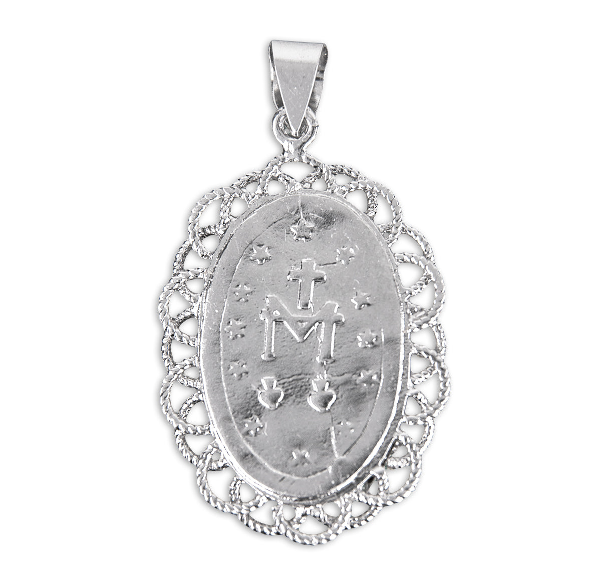 1-3/4" Light Blue Cameo Miraculous Medal w/ Sterling Weaved Filigree Frame on the 24"
