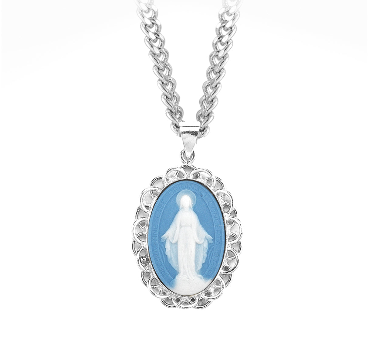 1-3/4" Light Blue Cameo Miraculous Medal w/ Sterling Weaved Filigree Frame on the 24"