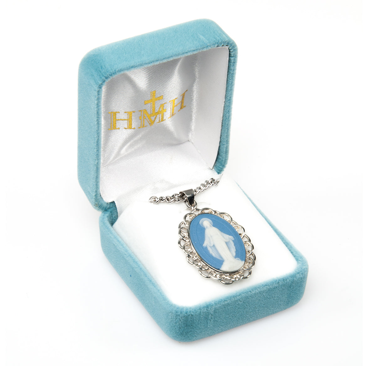 1-3/4" Light Blue Cameo Miraculous Medal w/ Sterling Weaved Filigree Frame on the 24"
