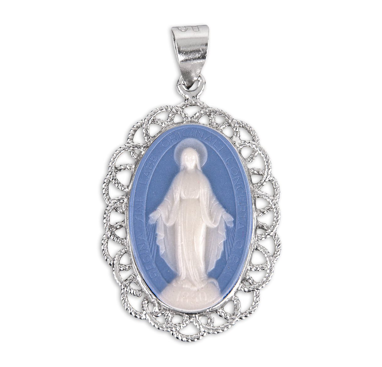 1-3/4" Light Blue Cameo Miraculous Medal w/ Sterling Weaved Filigree Frame on the 24"