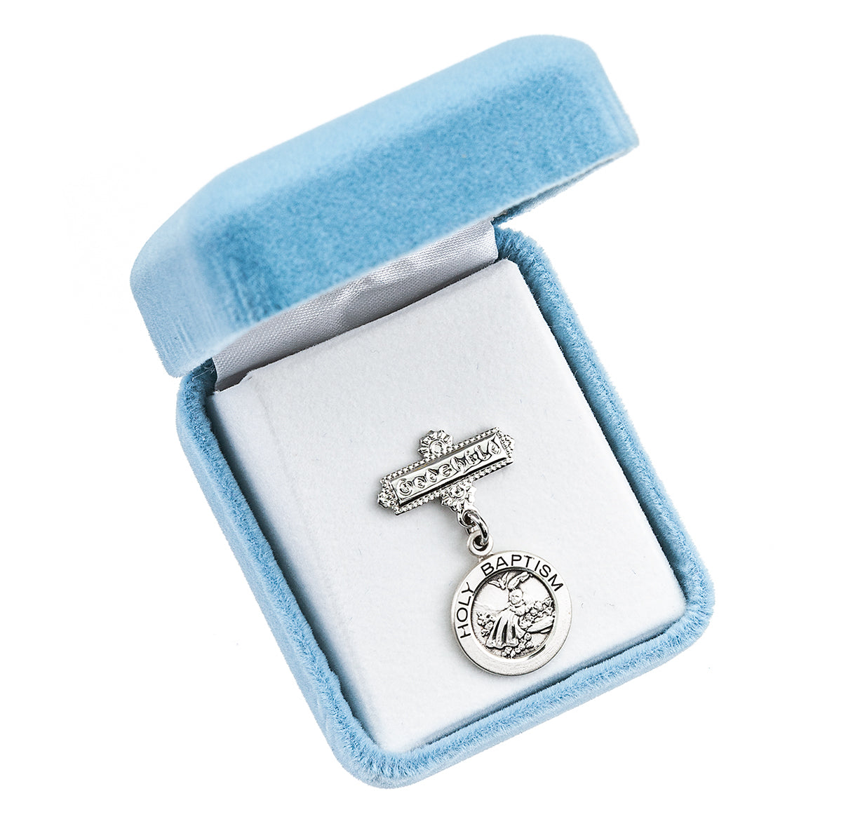 Sterling Silver Round Holy Baptism Medal on a Godchild Pin