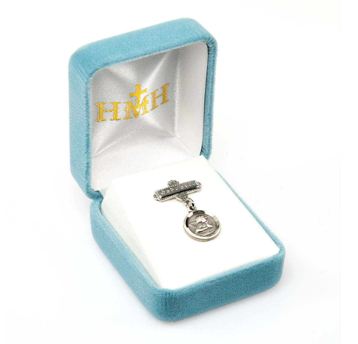 Sterling Silver Davinci Little Angel Round Medal  w/God Child Bar Pin-Bxd