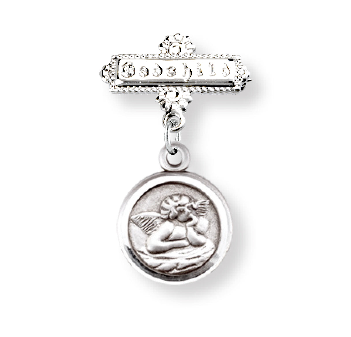 Sterling Silver Davinci Little Angel Round Medal  w/God Child Bar Pin-Bxd