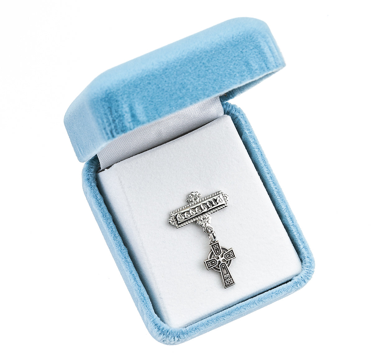 Sterling Silver Baby Irish Celtic cross on a Godchild Bar Pin