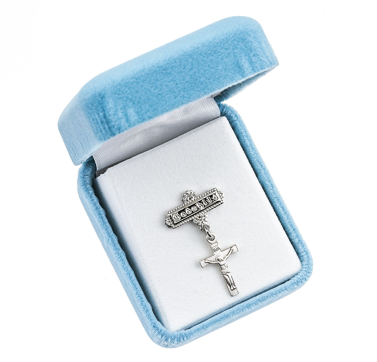 Sterling Silver Baby Crucifix on a Godchild Bar Pin