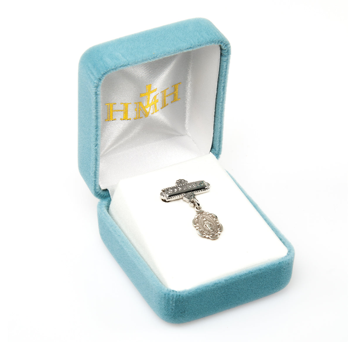 Sterling Silver Fancy Edge Miraculous Medal on a Godchild Bar Pin