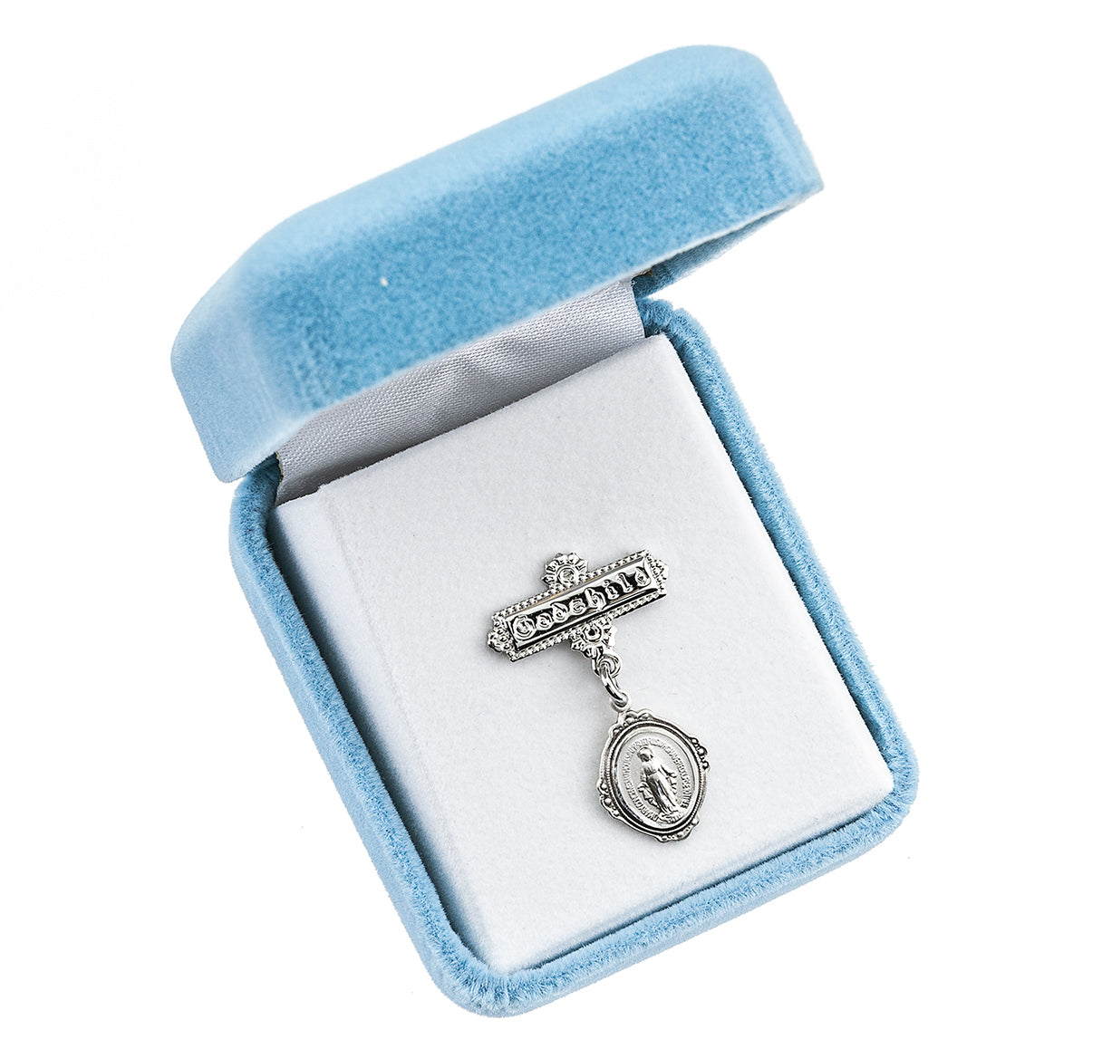 Sterling Silver Small Miraculous Medal on a Godchild Bar Pin