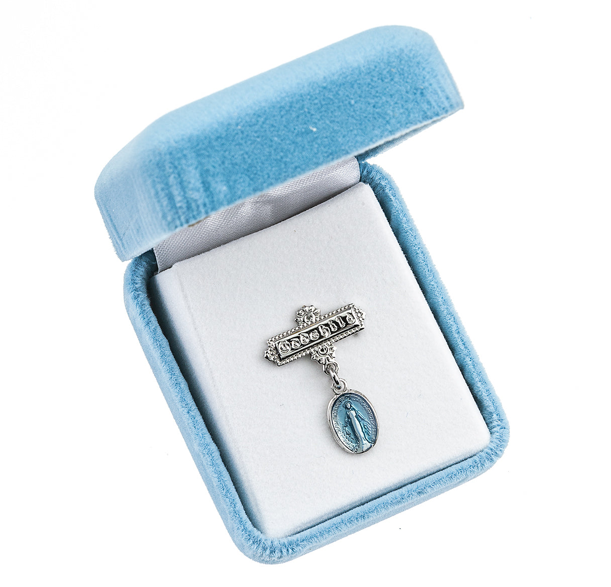 Blue Epoxy Oval Sterling Silver Baby Miraculous Baby Medal on a Godchild Bar Pin