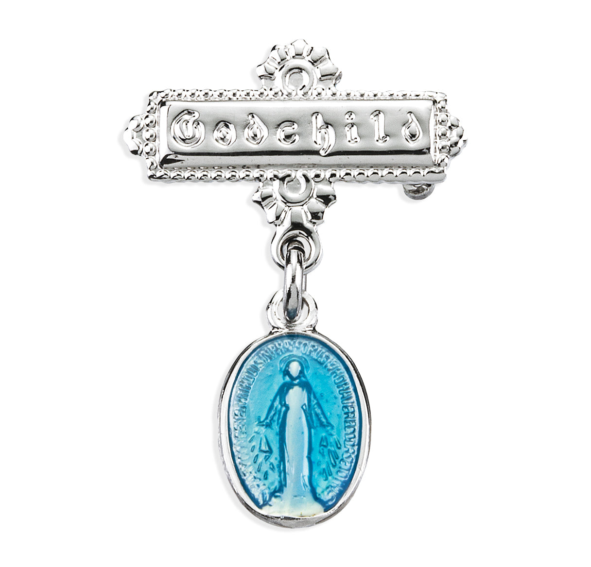 Blue Epoxy Oval Sterling Silver Baby Miraculous Baby Medal on a Godchild Bar Pin