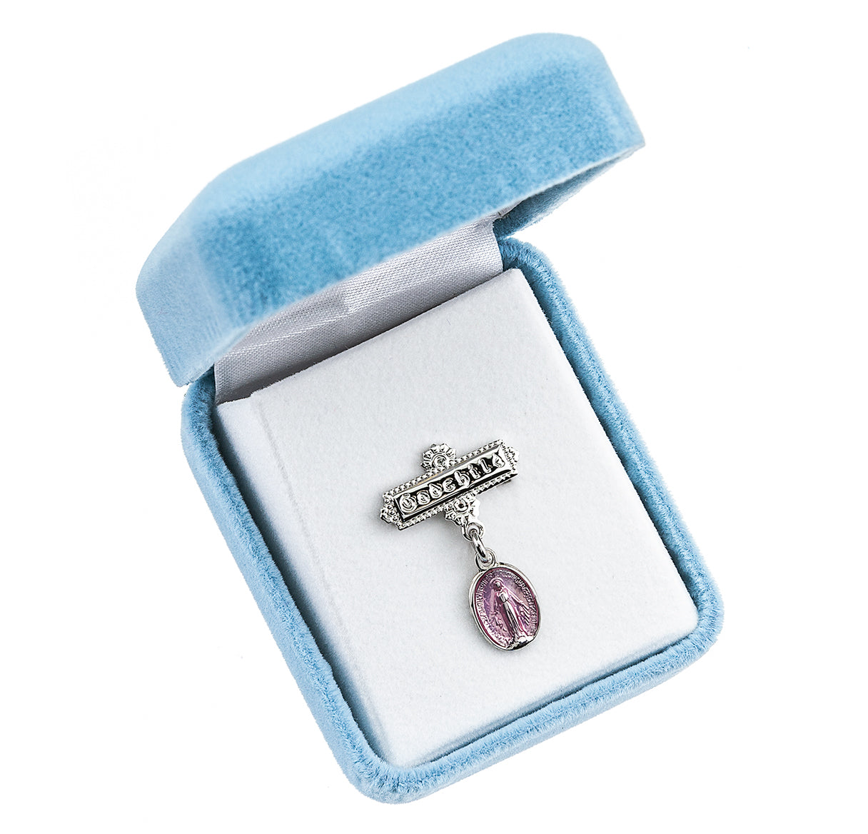 Pink Epoxy Oval Sterling Silver Baby Miraculous Baby Medal on a Godchild Bar Pin
