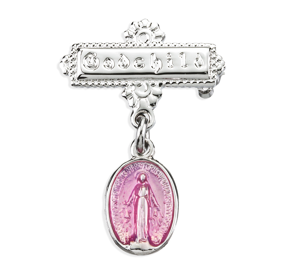 Pink Epoxy Oval Sterling Silver Baby Miraculous Baby Medal on a Godchild Bar Pin