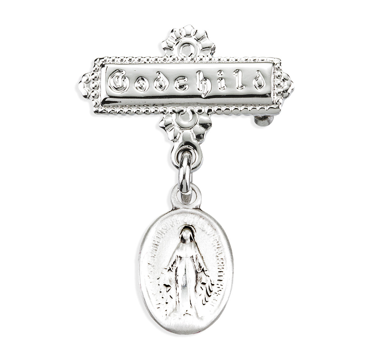 Sterling Silver Oval Baby Miraculous Medal on a Godchild Bar Pin