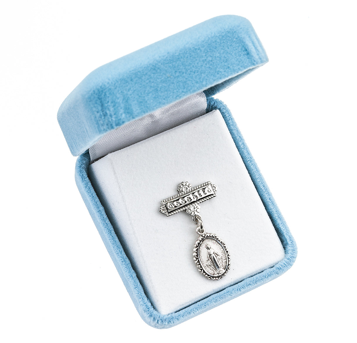 Sterling Silver Oval Fancy Edge Miraculous Baby Medal on a Godchild Bar Pin