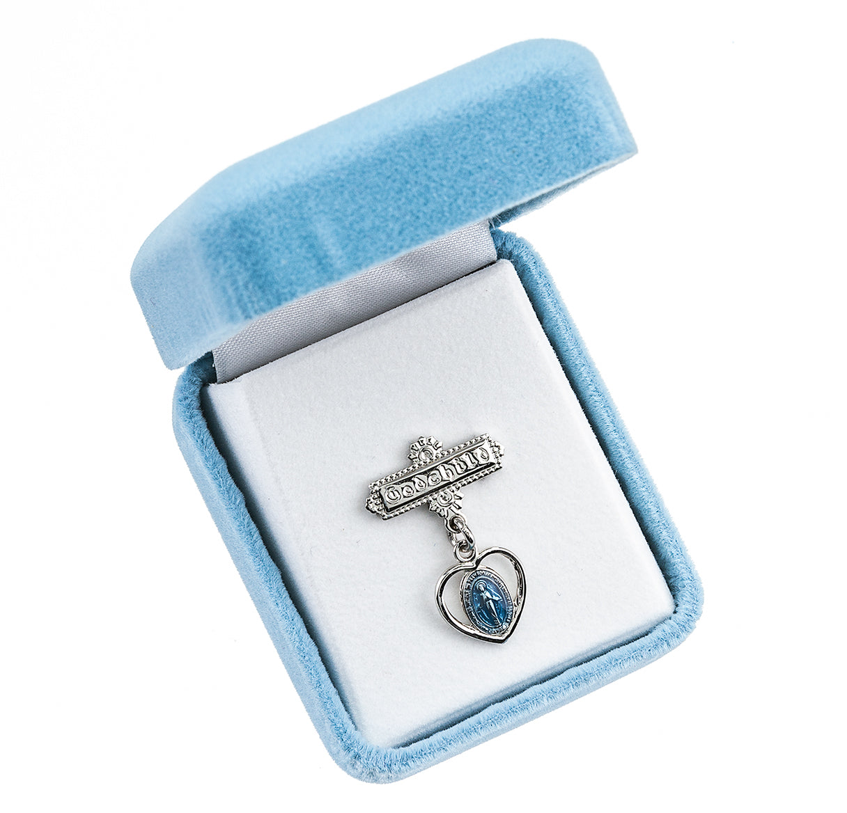 Sterling Silver Pierced Heart Baby Miraculous Medal Blue on a Godchild Pin