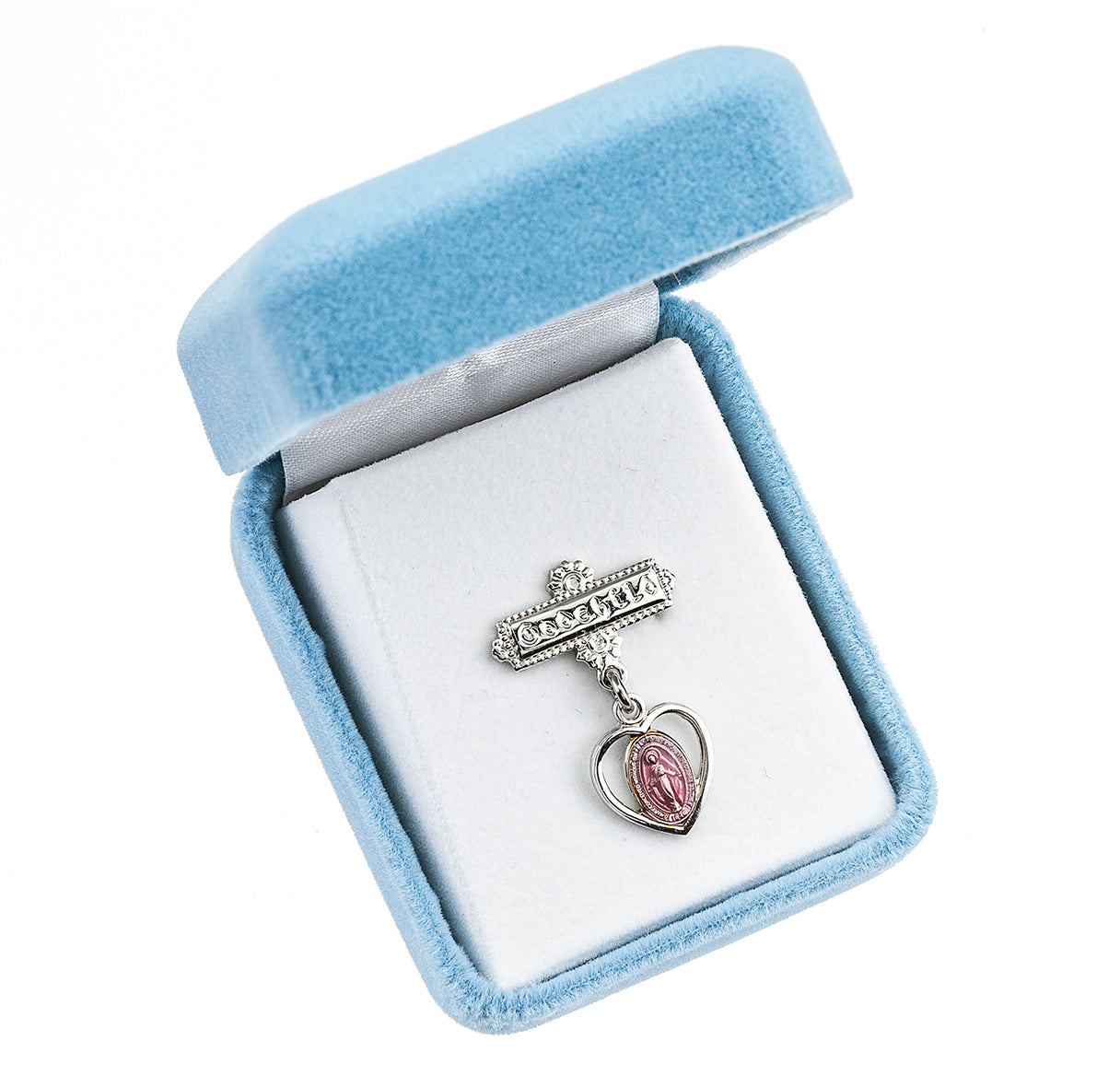 Sterling Silver Pierced Heart Baby Miraculous Medal Pink on a Godchild Pin