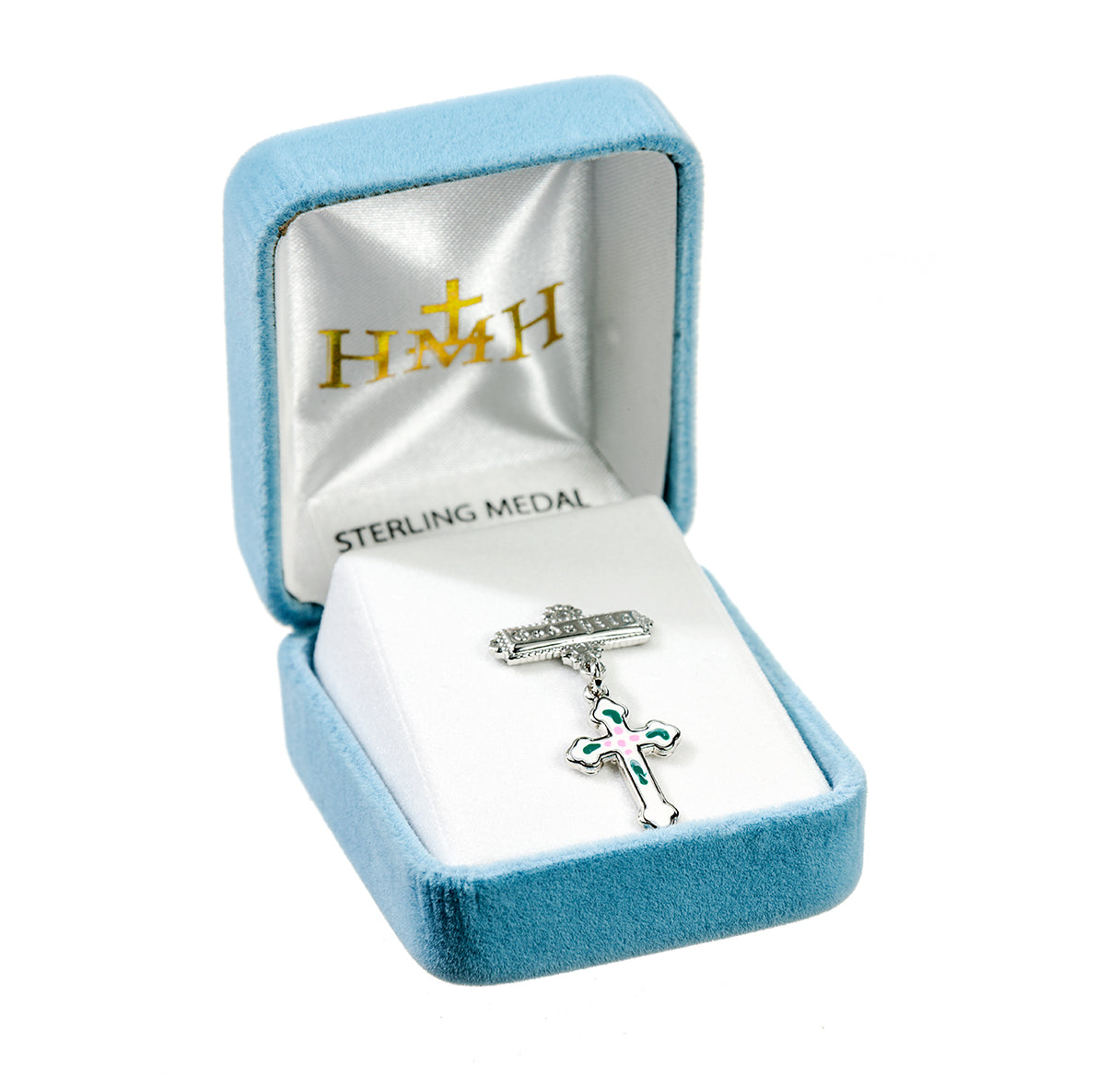 Sterling Silver Sm. White Epoxy Cross & Flower W/ Godchild Pin-Bxd