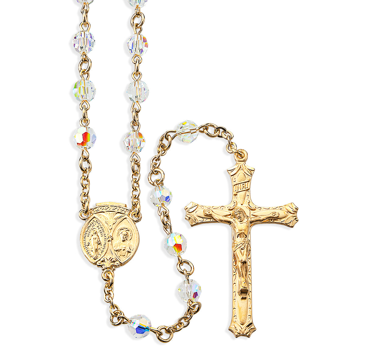 6mm Gold Plated Finest Crystal Rosary W/ Gold Over Sterling Center & Crucifix-(GS33/GS115)-Bxd
