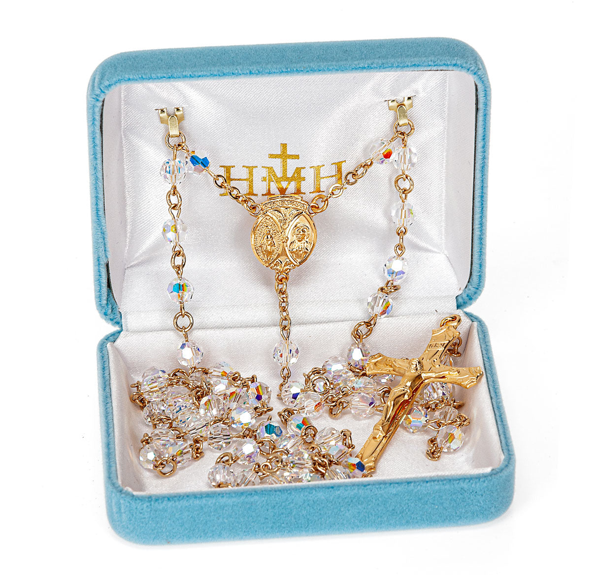 6mm Gold Plated Finest Crystal Rosary W/ Gold Over Sterling Center & Crucifix-(GS33/GS115)-Bxd
