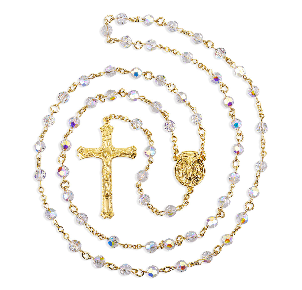 6mm Gold Plated Finest Crystal Rosary W/ Gold Over Sterling Center & Crucifix-(GS33/GS115)-Bxd