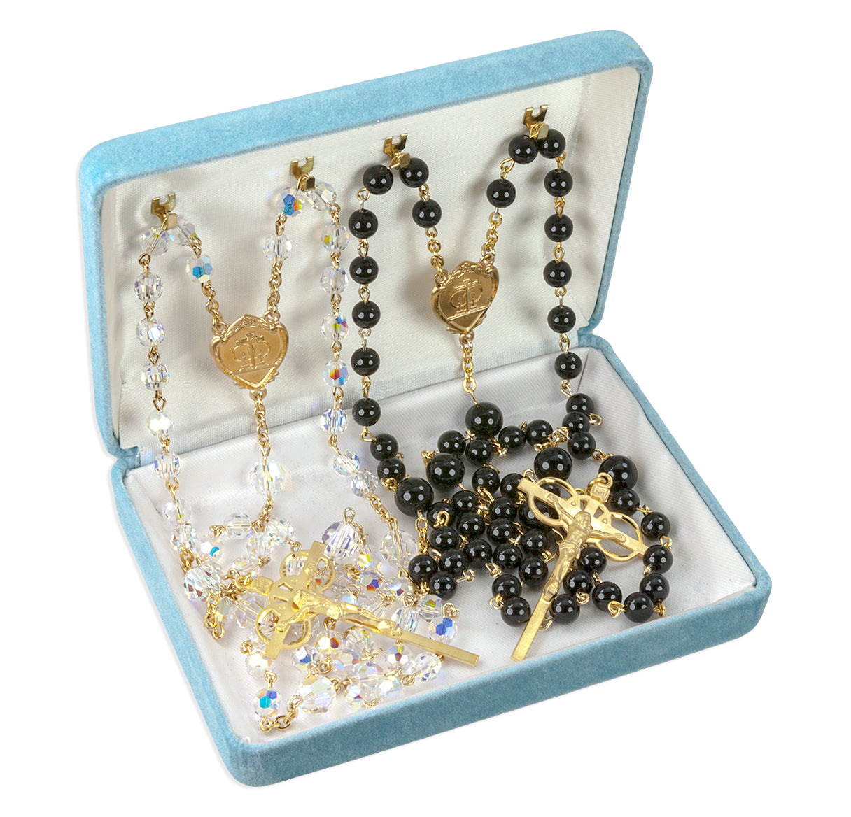 6mm Finest  AB Crystal & 6mm Onyx Bead Gold Over Brass Wedding Rosary Set (47,110)-Boxed