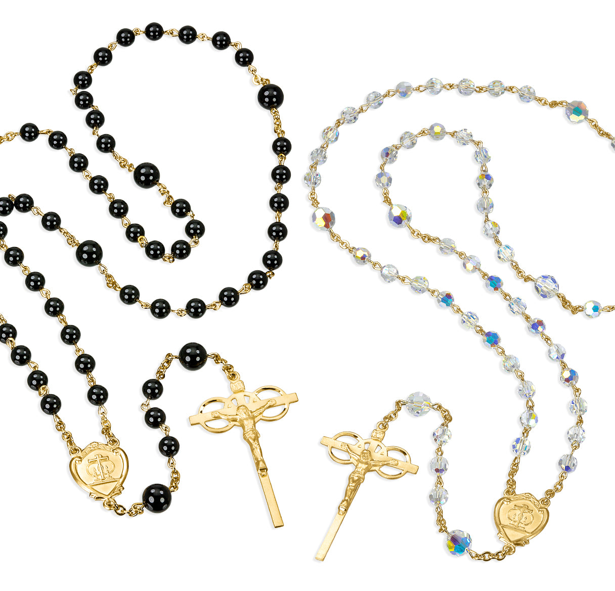 6mm Finest  AB Crystal & 6mm Onyx Bead Gold Over Brass Wedding Rosary Set (47,110)-Boxed