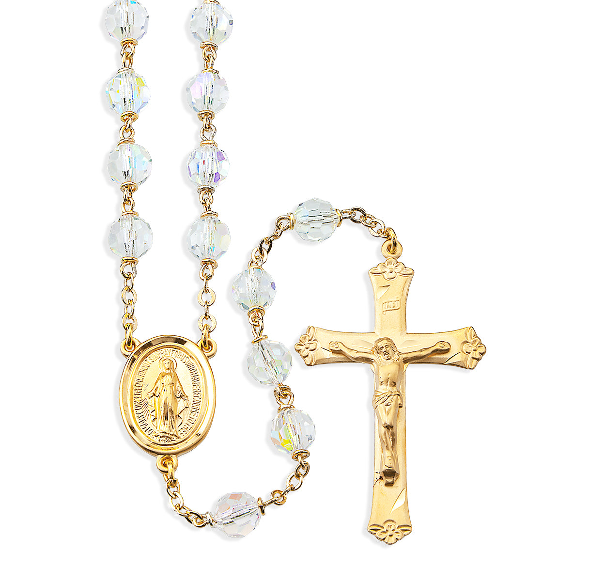 7mm Crystal Czech Aurora Bead W/ Gold Over Silver Crucifix & Center-(GS30/GS145)