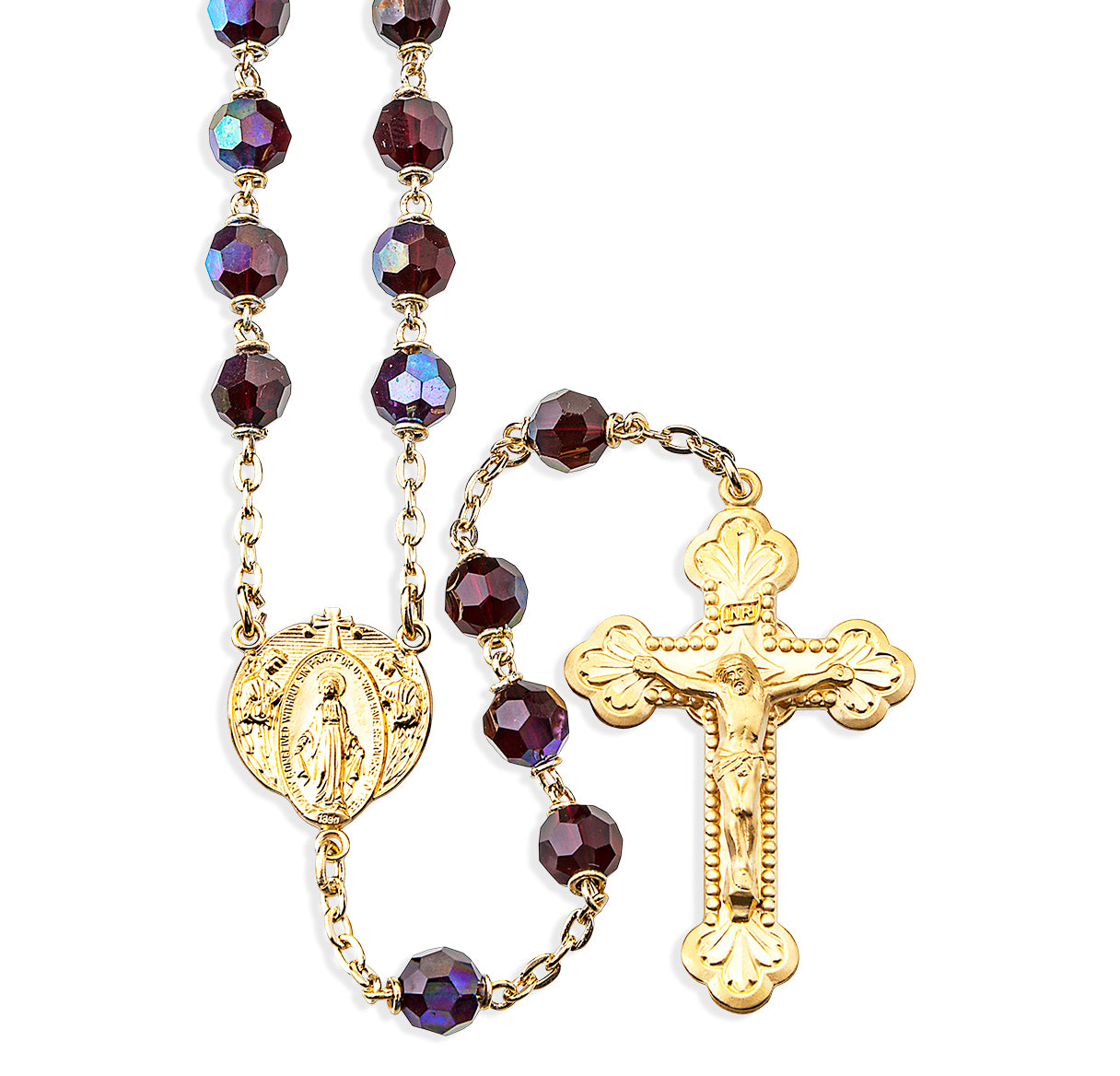 7mm Garnet Czech Aurora Bead W/ Gold Over Silver Crucifix & Center-(GS59/GS185)
