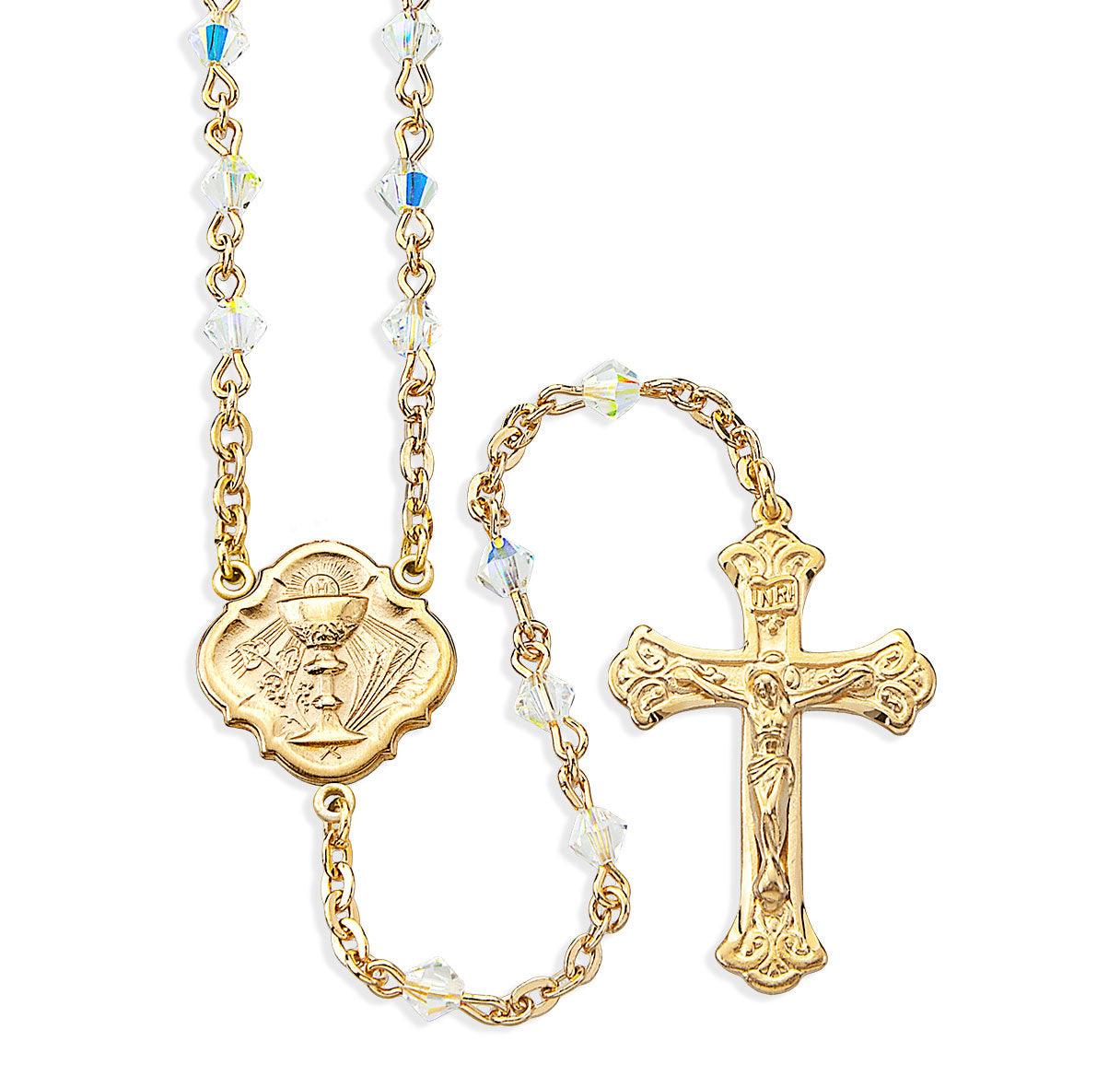 4mm Finest Bi-Cone Crystal Bead Gold Plated Rosary W/ Gold Over Sterling Cfx & Ctr-(GS385/GS1825)-Bxd