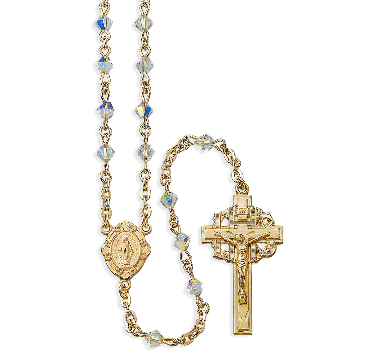 Gold Over Sterling Silver Crystals by Swarovski® 4mm Crystal Aurora Beads W/ IHS Crucifix-(GS16/GS3885)-Bxd