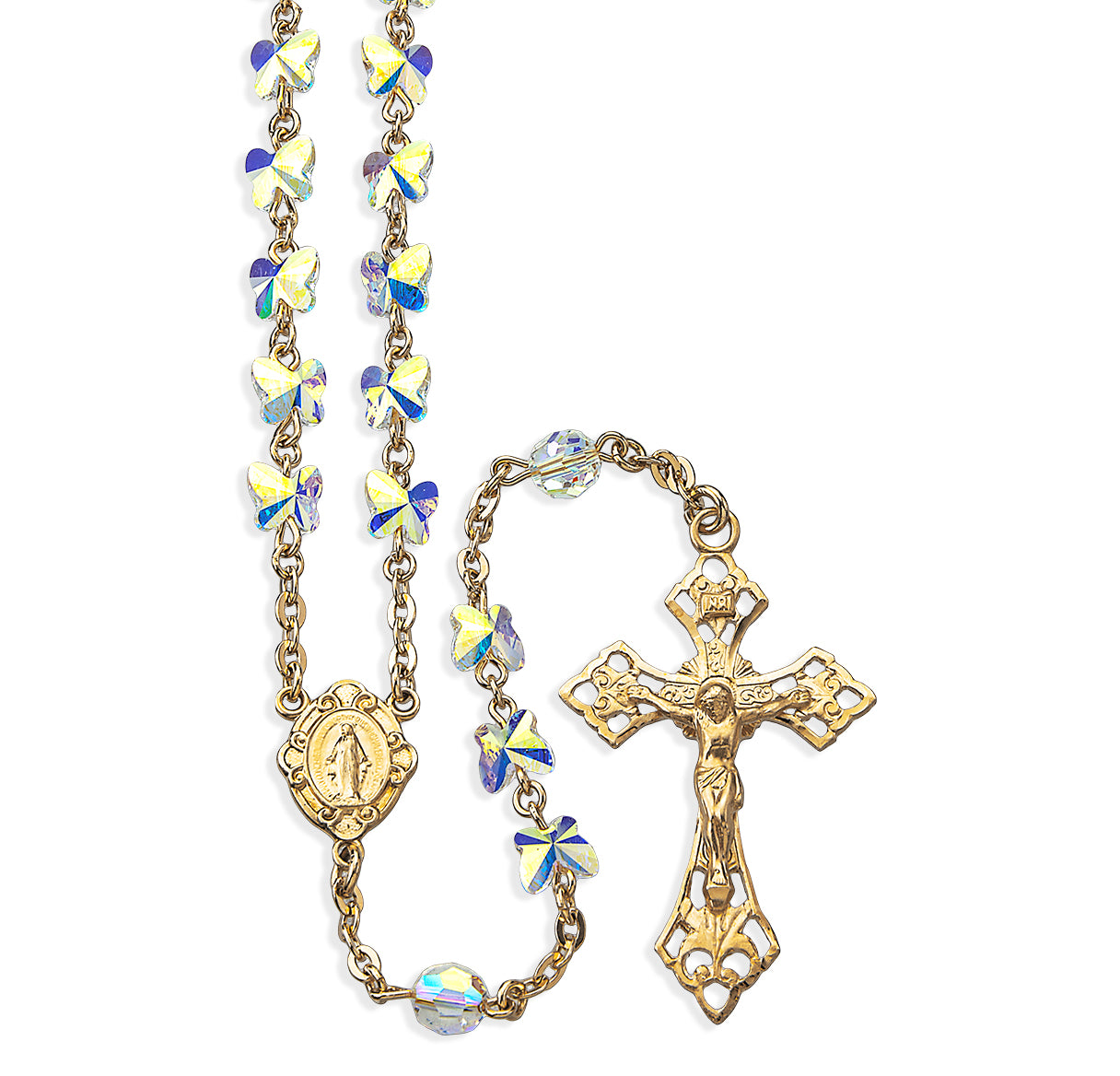 6mm Finest Crystal Butterfly Gold Plated Rosary W/ Gold Sterling Silver Cfx & Ctr-(GS16/GS135)-Bxd
