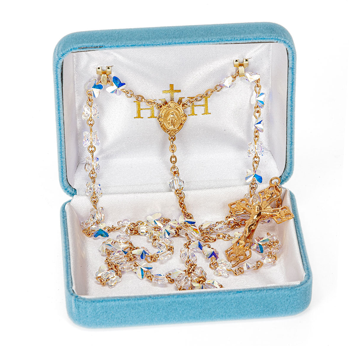 6mm Finest Crystal Butterfly Gold Plated Rosary W/ Gold Sterling Silver Cfx & Ctr-(GS16/GS135)-Bxd