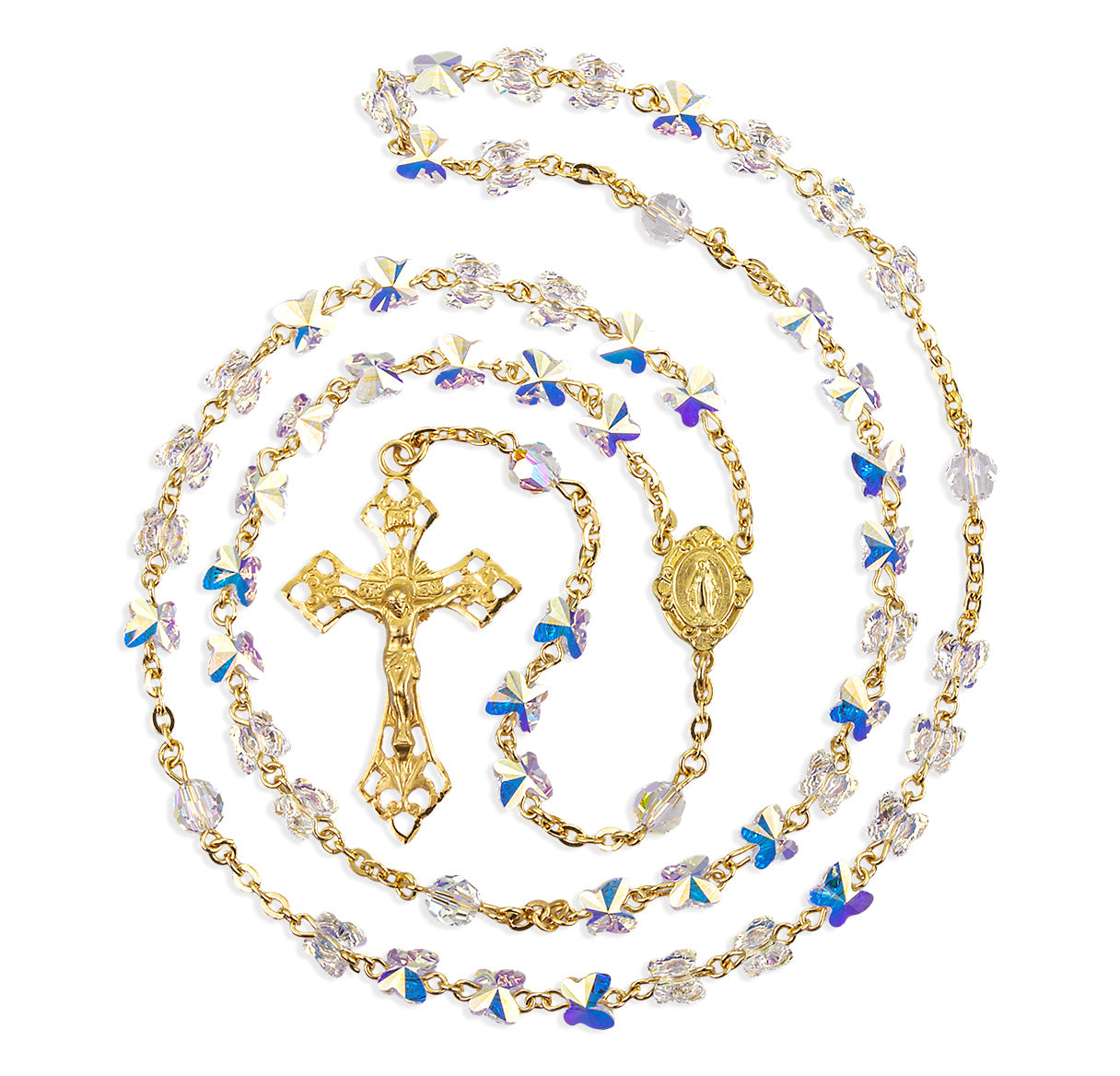 6mm Finest Crystal Butterfly Gold Plated Rosary W/ Gold Sterling Silver Cfx & Ctr-(GS16/GS135)-Bxd