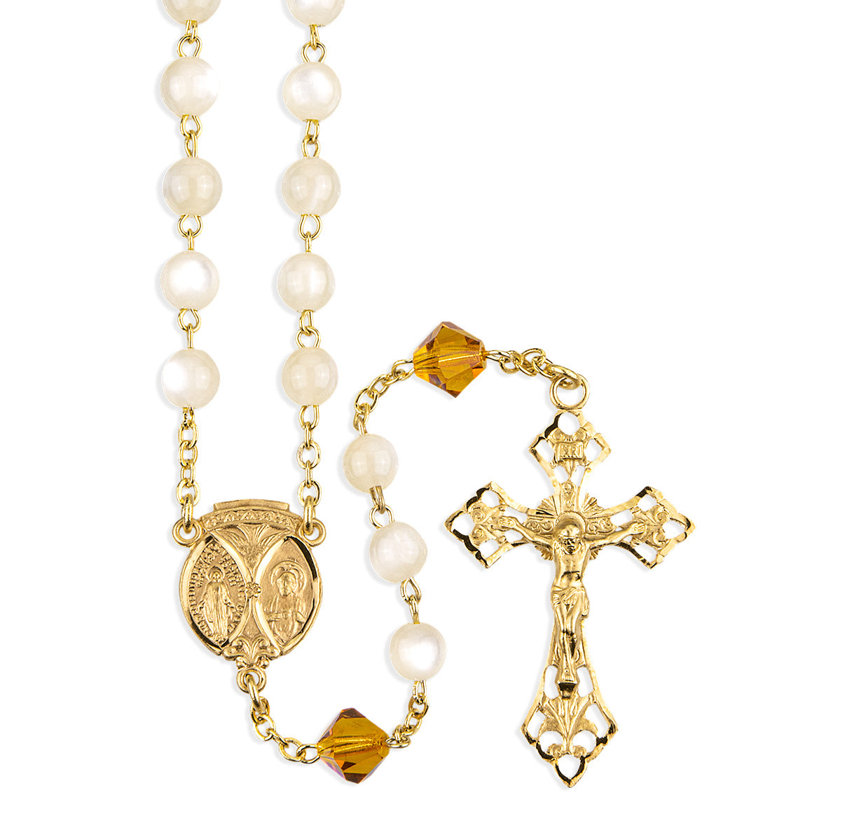 6mm Mother of Pearl and 8mm Austrian Crystal O.F. Bead Gold Plated Rosary W/ Gold over Sterling Crucifix  & Center (GSB33/GS135)-Bxd