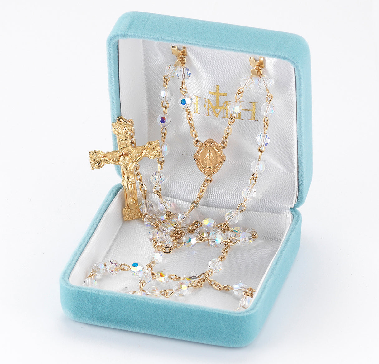 5mm Gold Over Sterling Finest Crystal Rosary w/Gold over Sterling Center & Crucifix (GSB16/GSB132)-Bxd