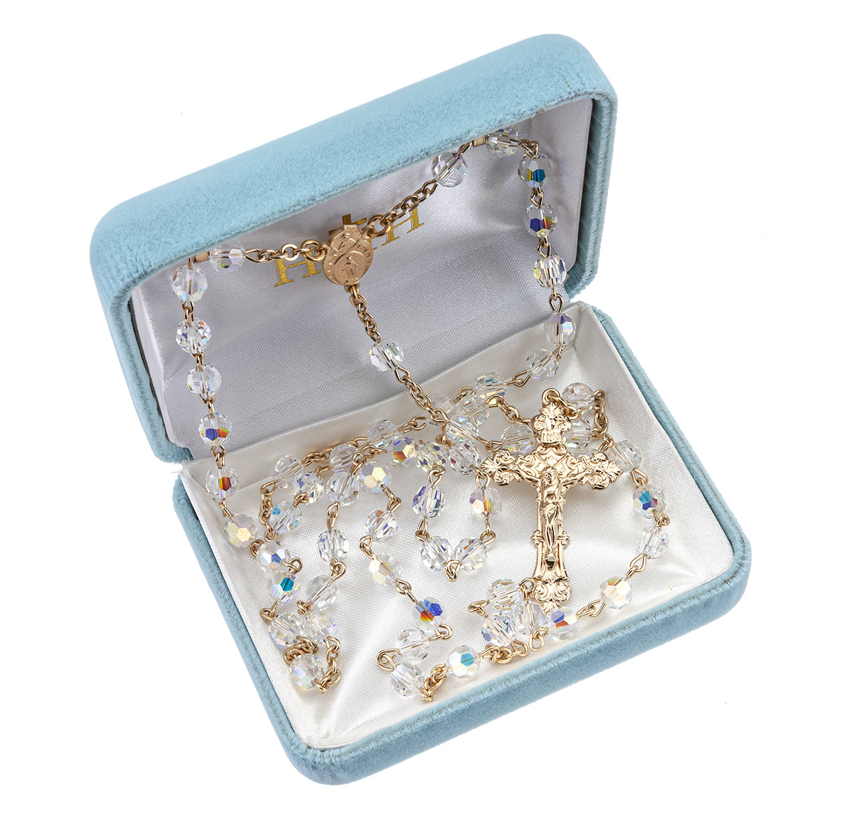 6mm Gold Over Sterling Finest Crystal Rosary w/Gold over Sterling Center & Crucifix/Bxd-(GS33/GS115)-BXD