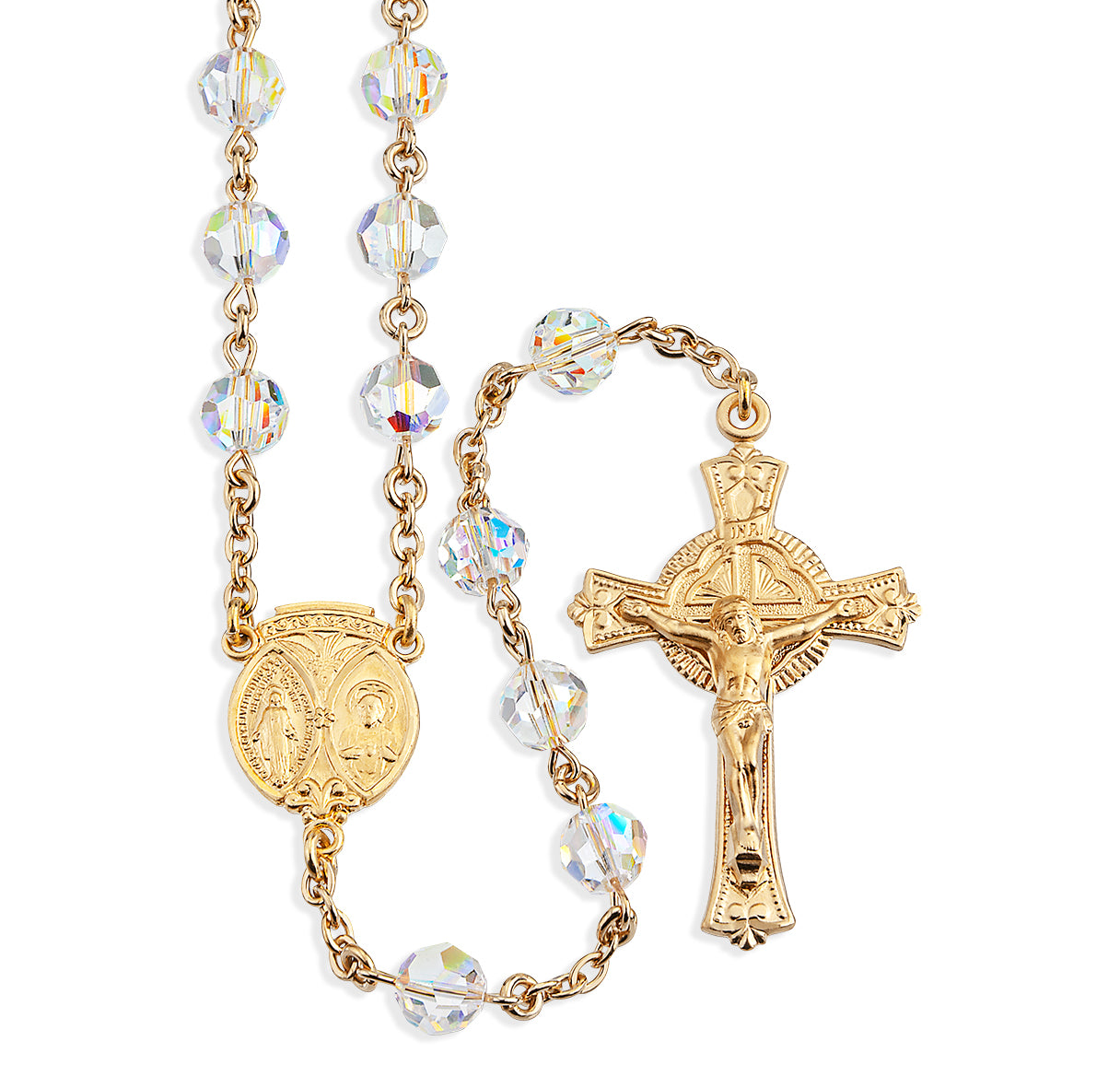 7mm Gold Over Sterling Crystals by Swarovski® Czech Crystal (AB) Rosary w/Gold over Sterling Center & Crucifix/Bxd/33/172