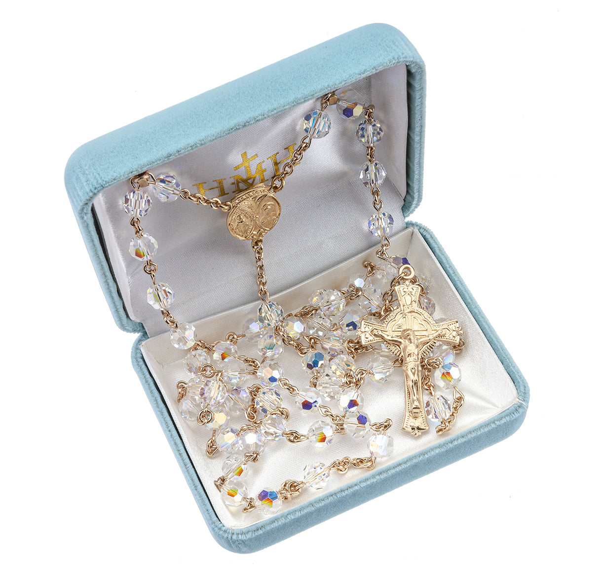 7mm Gold Over Sterling Crystals by Swarovski® Czech Crystal (AB) Rosary w/Gold over Sterling Center & Crucifix/Bxd/33/172