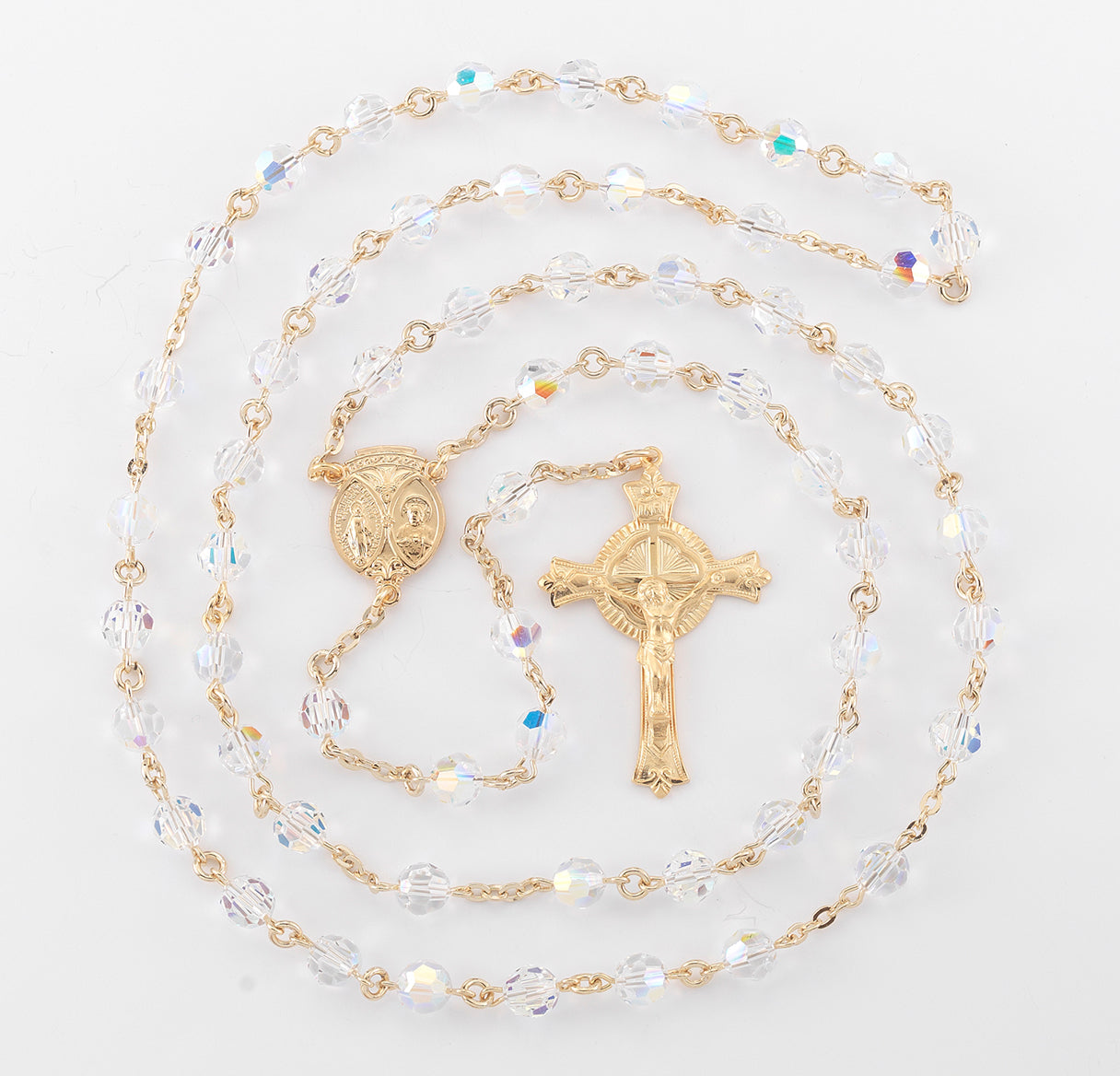 7mm Gold Over Sterling Crystals by Swarovski® Czech Crystal (AB) Rosary w/Gold over Sterling Center & Crucifix/Bxd/33/172