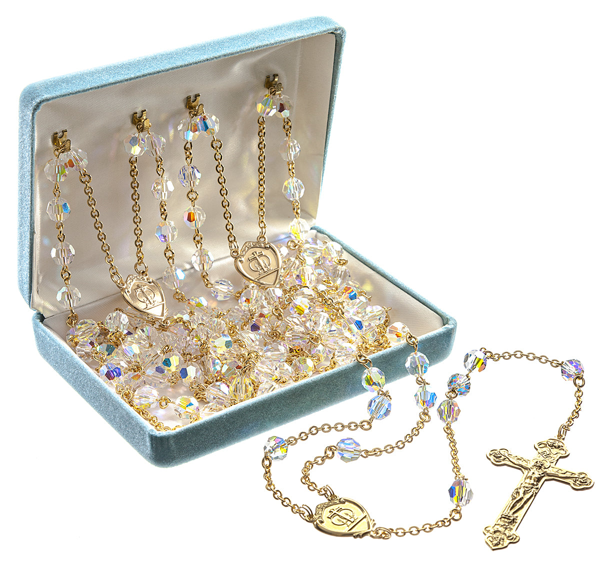 8mm Crystals by Swarovski® Aurora Crystal Beads Gold Over Sterling Silver Lasso Wedding Rosary with Gold Over Sterling Crucifix and Centers