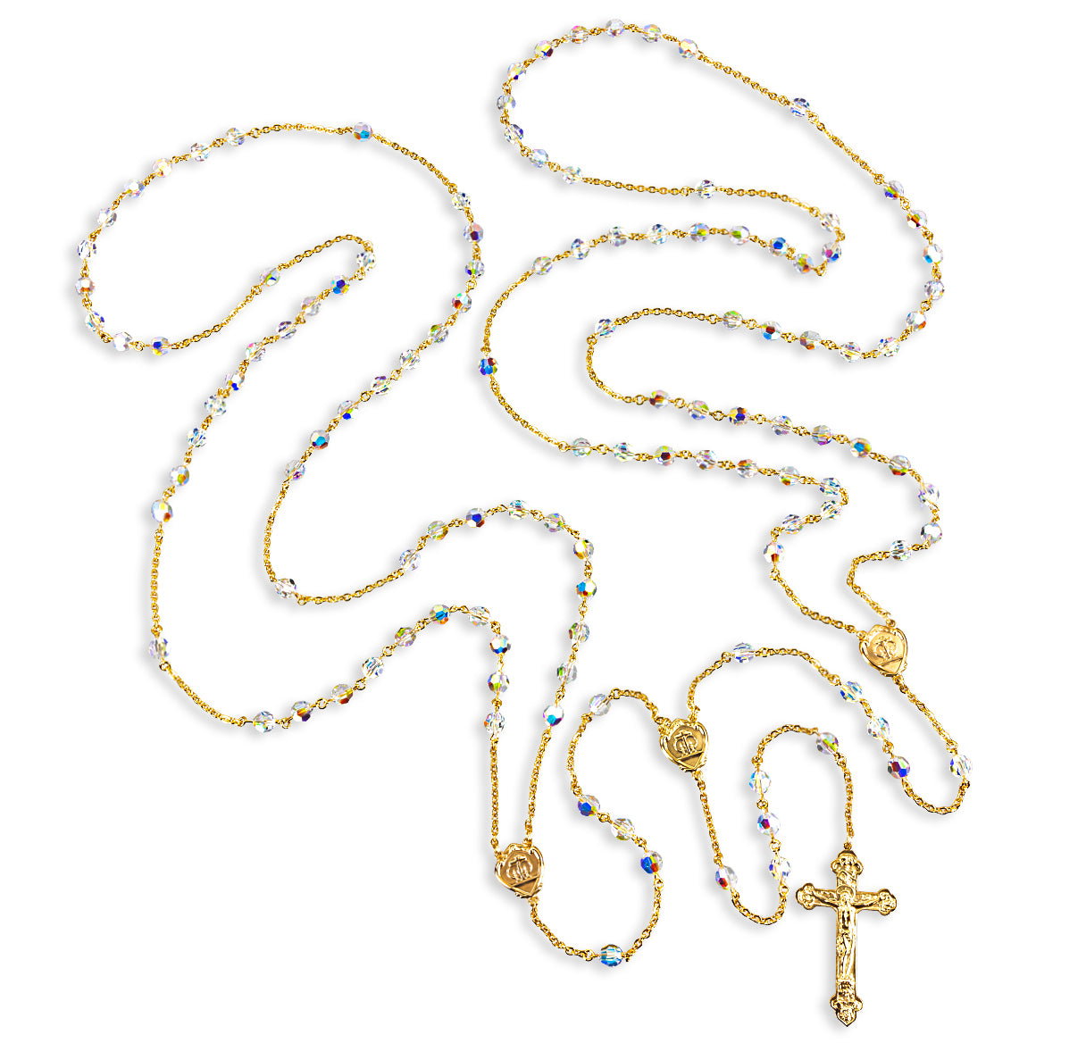 8mm Crystals by Swarovski® Aurora Crystal Beads Gold Over Sterling Silver Lasso Wedding Rosary with Gold Over Sterling Crucifix and Centers