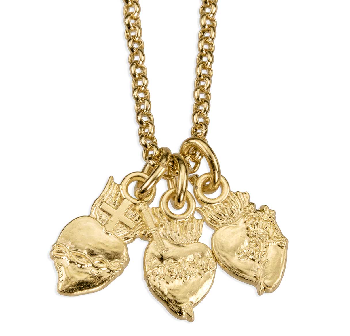 Gold Over Sterling Silver J.M.J Three Hearts Necklace 9/16"- W/ ROLO Chain-18"