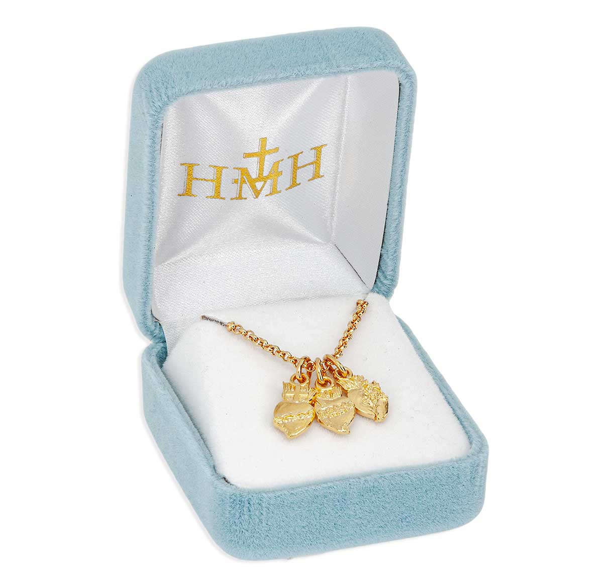 Gold Over Sterling Silver J.M.J Three Hearts Necklace 9/16"- W/ ROLO Chain-18"