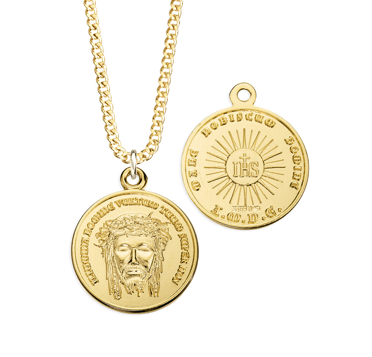 16kt Gold Over Sterling Silver Christ Holy Face Medal w/ Latin Text-20"Ch-Bxd