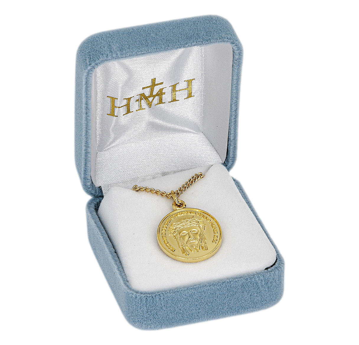 16kt Gold Over Sterling Silver Christ Holy Face Medal w/ Latin Text-20"Ch-Bxd