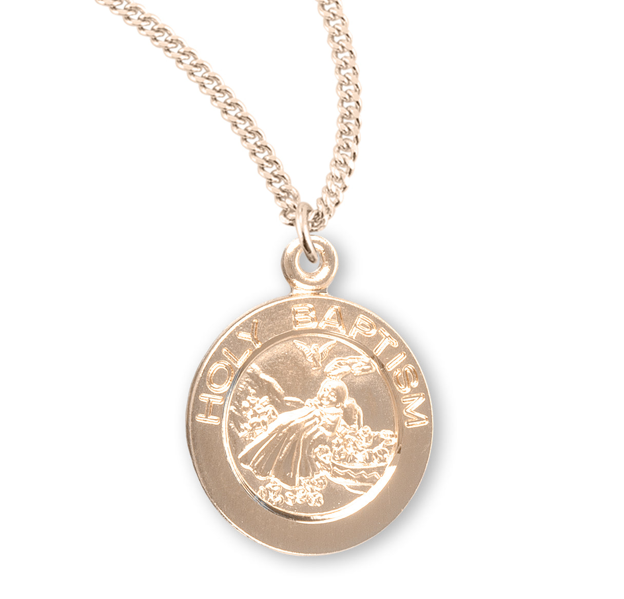 16kt Gold Over Sterling Small Rd Holy Baptism Medal-18" (Thin) Ch-Bxd