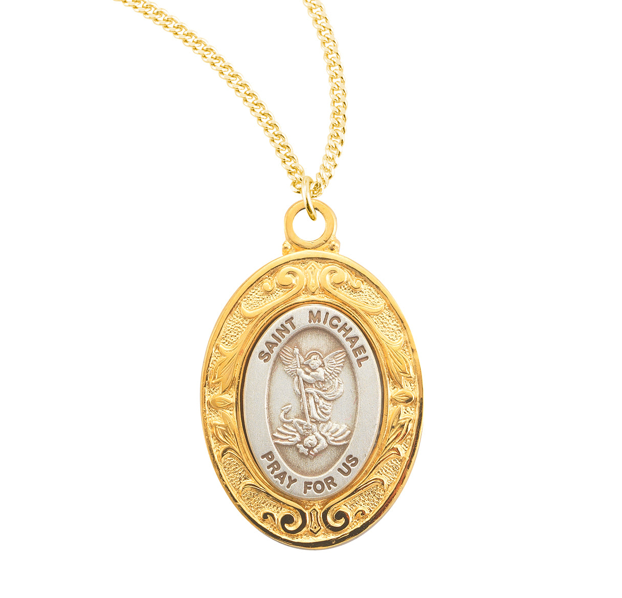 Sterling St. Michael Medal W/ Gold Over Sterling Silver Fancy Setting 18" Ch-Bxd